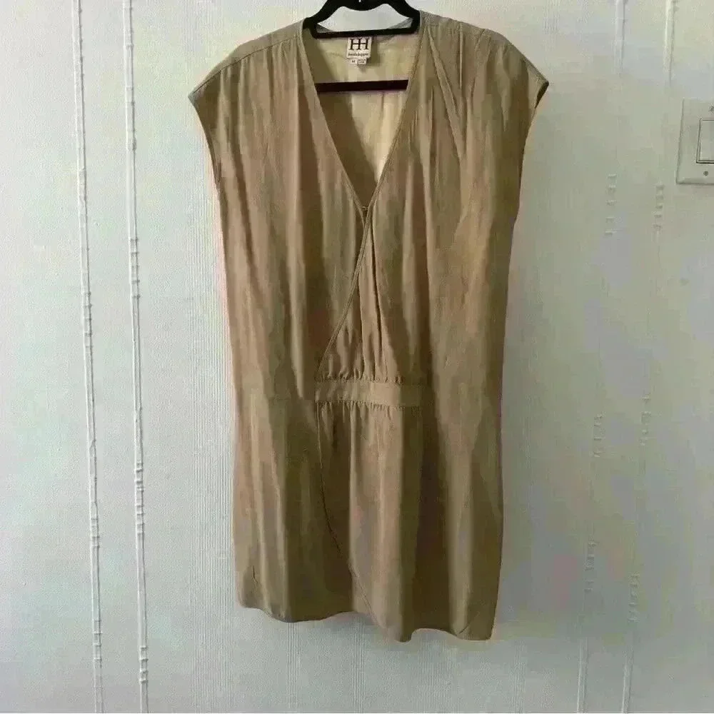 Haute Hippie Silk Cream cap sleeve dress with faux leather red belt size M